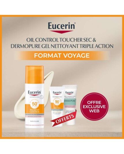 EUCERIN OFFRE WEB SUN FLUIDE PIGMENT CONTROL 50 ML SPF 50 + 2 FORMATS VOYAGE OFFERTS