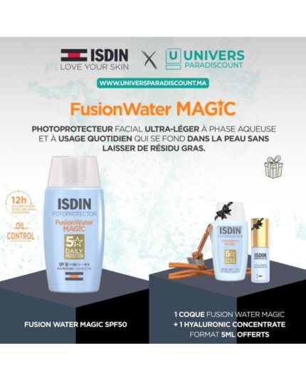 ISDIN OFFRE WEB FOTOPROTECTOR FUSION WATER SPF 50+ MAGIC 50 ML +1 COQUE FUSION WATER +HYALURONIC CONCENTRATE 5ML OFFERTS